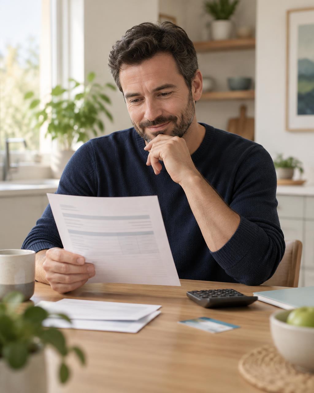 Patient reviewing an itemized cost summary at a kitchen table