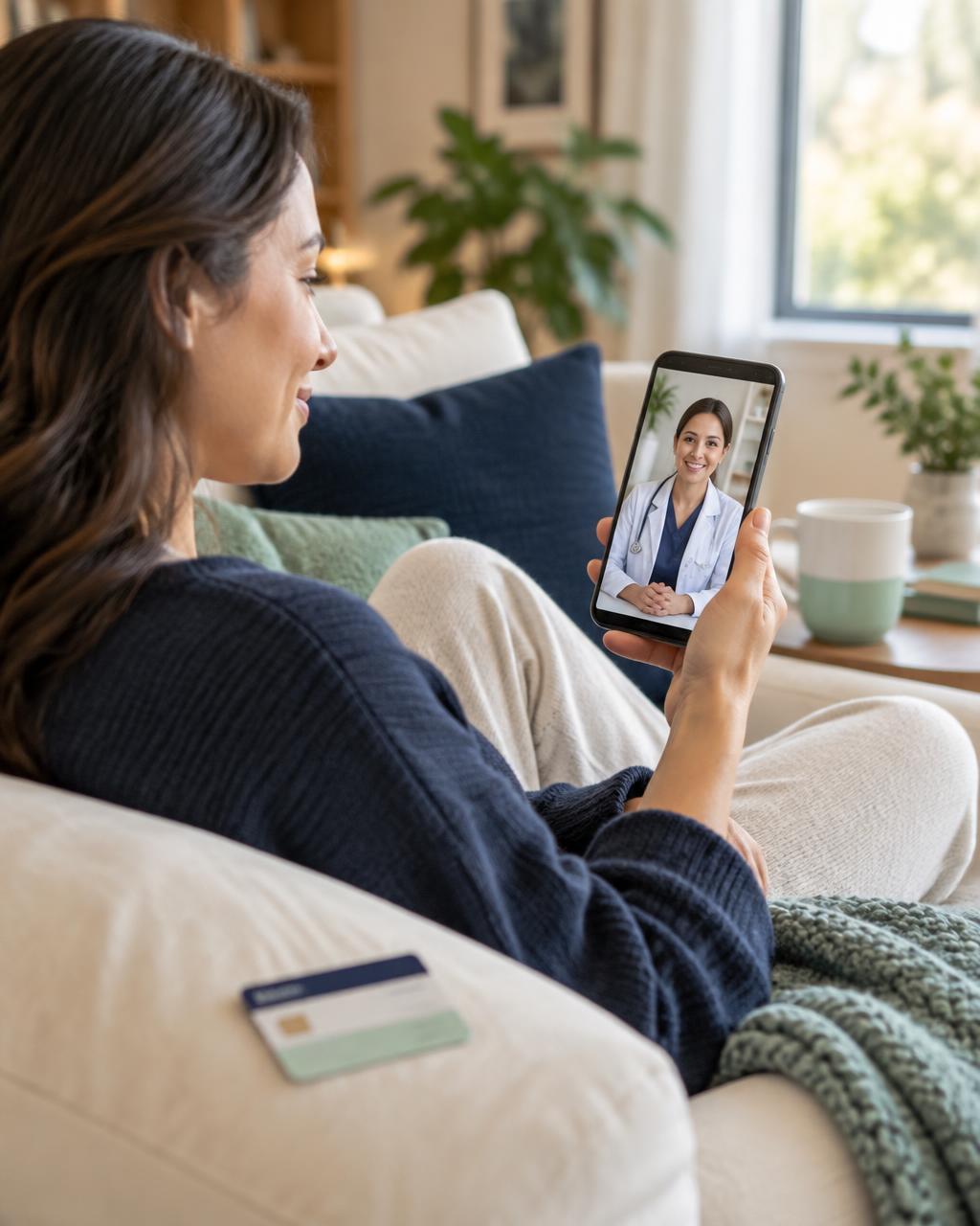 Patient having a video visit with a clinician from home, insurance card nearby